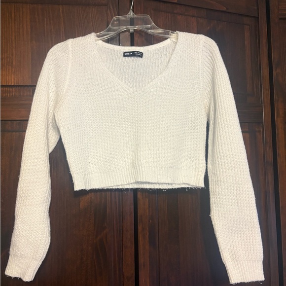 SHEIN Cream V-Neck Crop Sweater - Picture 1 of 3
